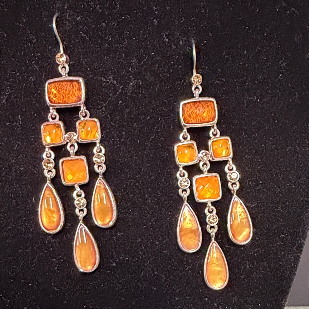 VINTAGE LIZ CLAIBORNE FAUX AMBER SUNSET DANGLING STATEMENT FRENCH HOOK EARRINGS